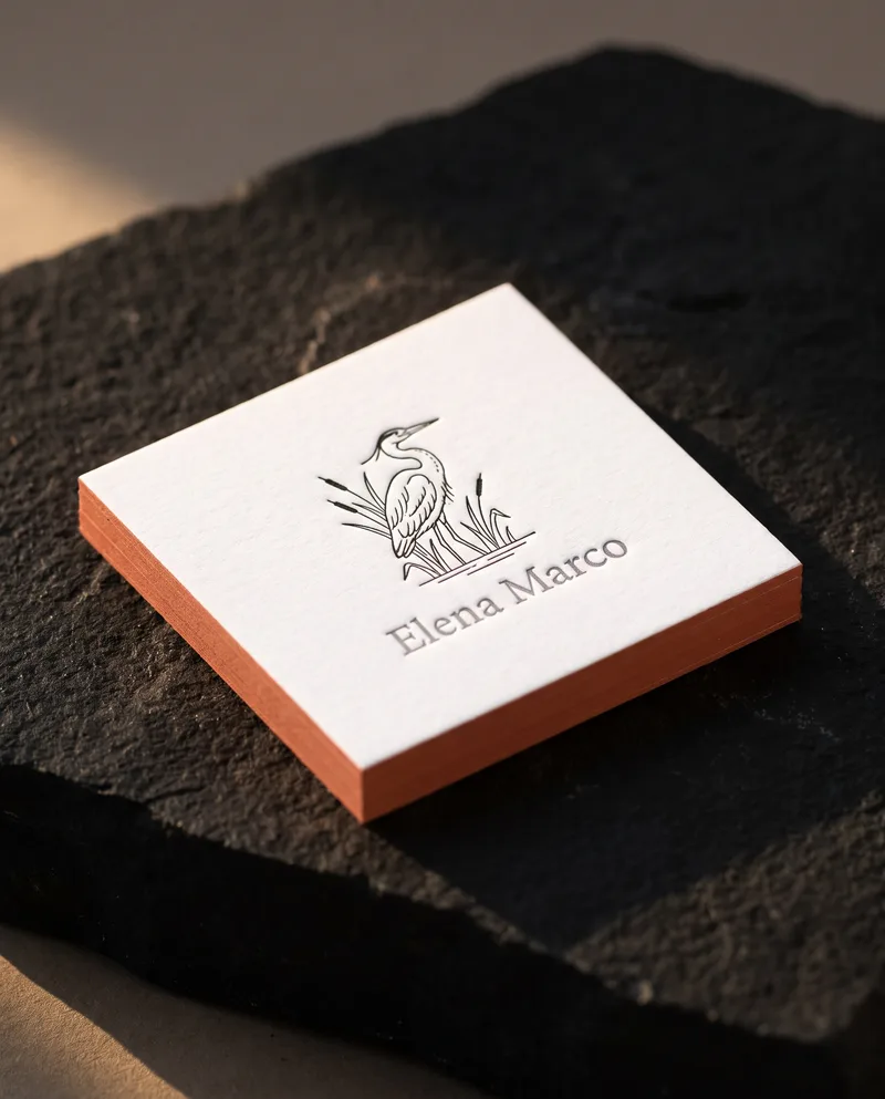 White cotton business card with black letterpress heron, grey letterpress name and terracotta painted edge