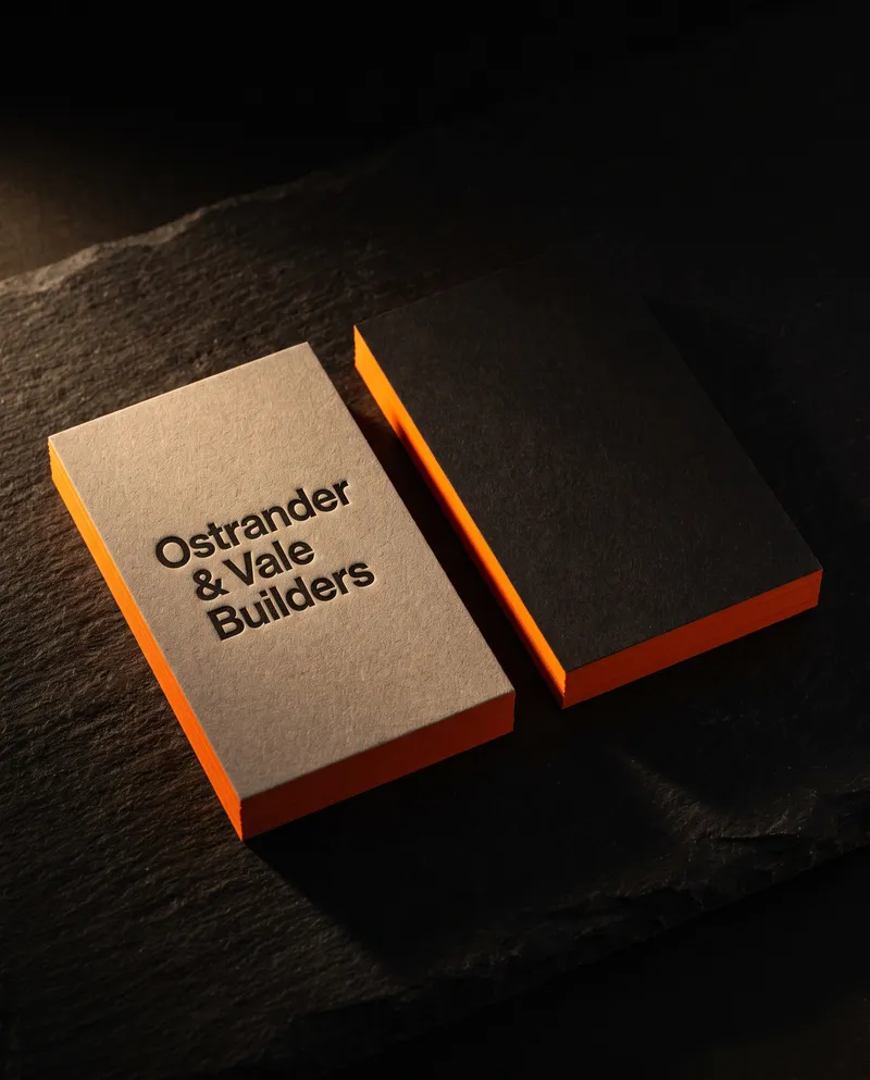Grey letterpress business card and its blank black back with safety-orange edges on slate