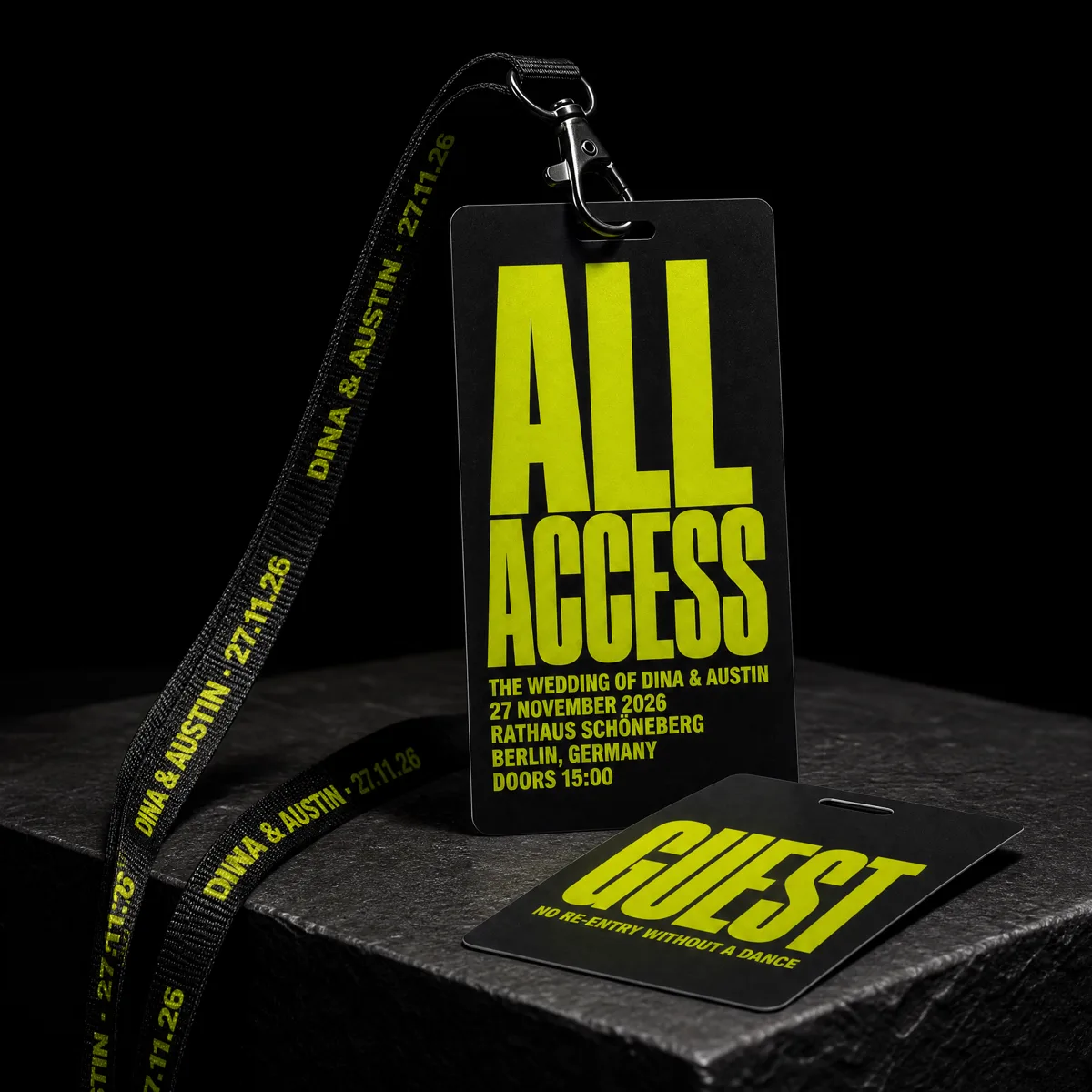Wedding invitation as a laminated ALL ACCESS backstage pass on a woven lanyard, matte black PVC with fluorescent chartreuse, by Print Peppermint