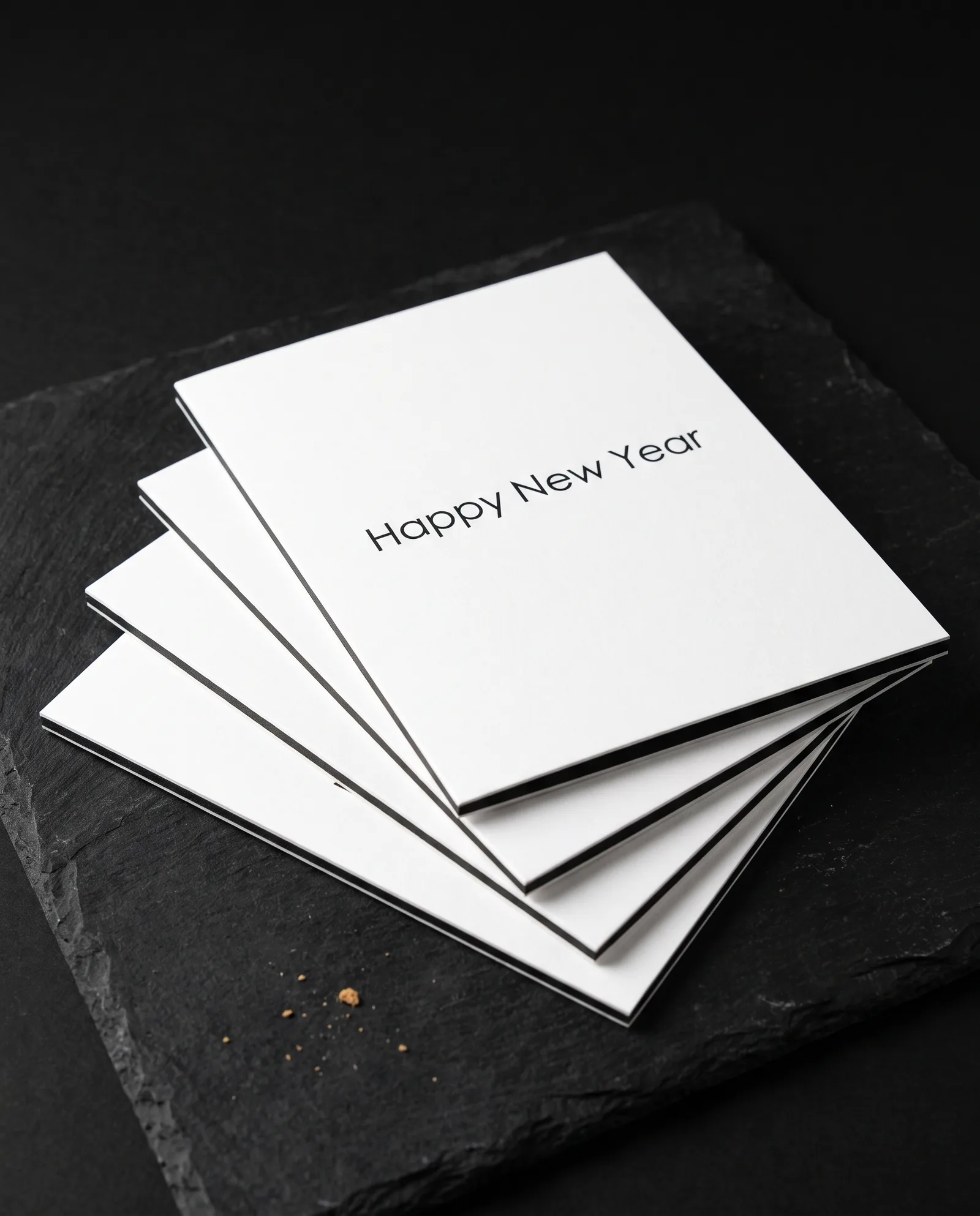 Fanned 5x7 cards reading Happy New Year, printed on white card with a black middle layer showing on each edge.