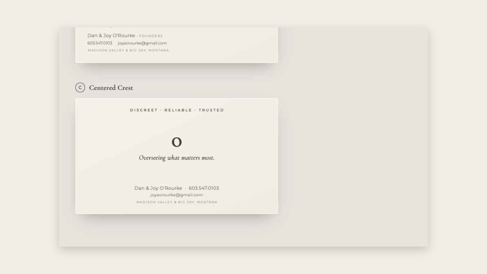 Three contact-info back layouts labelled A Classic Centered through C Centered Crest