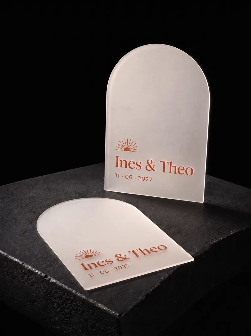 Frosted plastic business card die-cut with an arched top in terracotta deco print