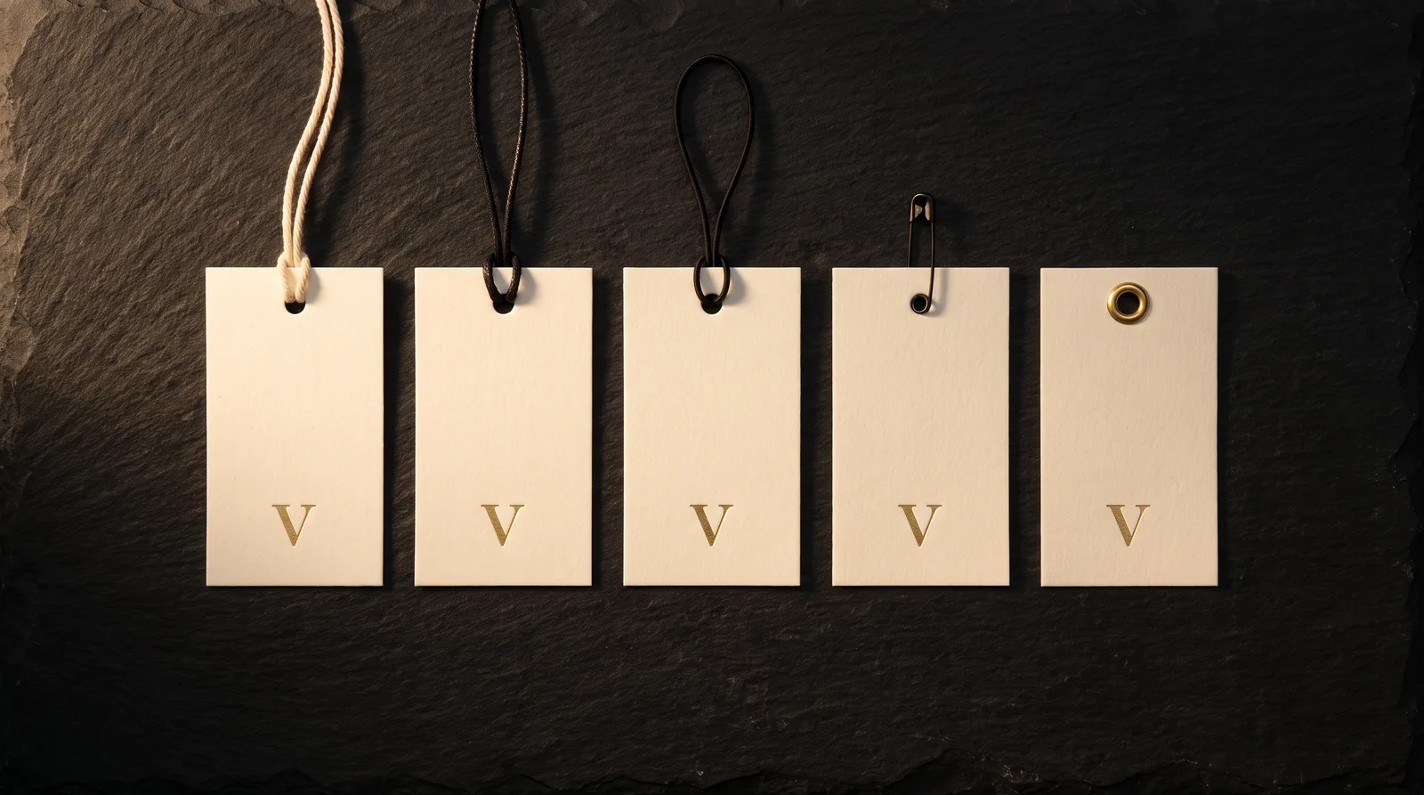 Five hang tags on dark stone with different attachments: cotton string, waxed cord, an elastic loop, a safety pin and a brass eyelet.