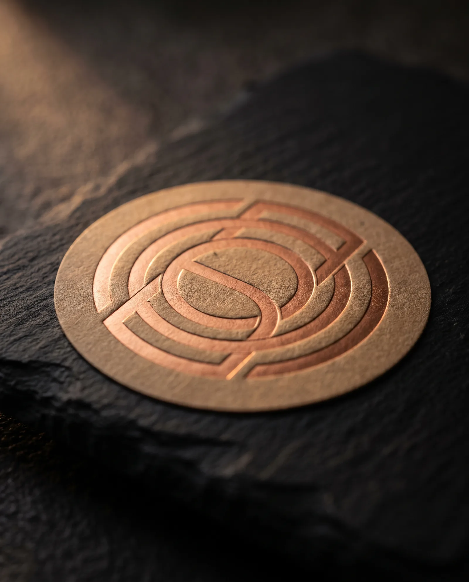 Extreme close-up of a copper foil monogram embossed on a kraft sticker, light catching the raised edge of each stroke.