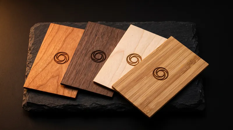 Pretty business cards in real wood: cherry, walnut, birch and bamboo, each laser engraved