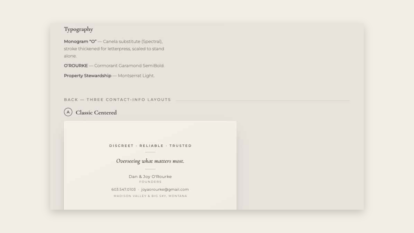 Type specification sheet for the O'Rourke identity: monogram, wordmark and descriptor with notes
