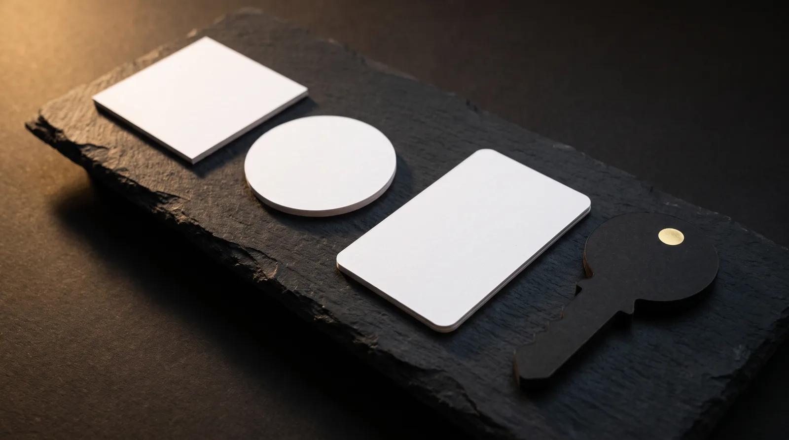 Four die cut business cards on a black stone plinth: a square, a circle, a rounded rectangle and a key-shaped custom cut