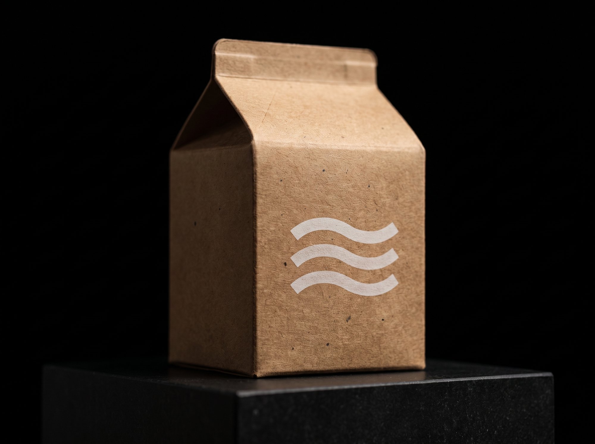 A natural brown kraft-board gable-top carton printed with white wavy lines, fibre speckle visible.