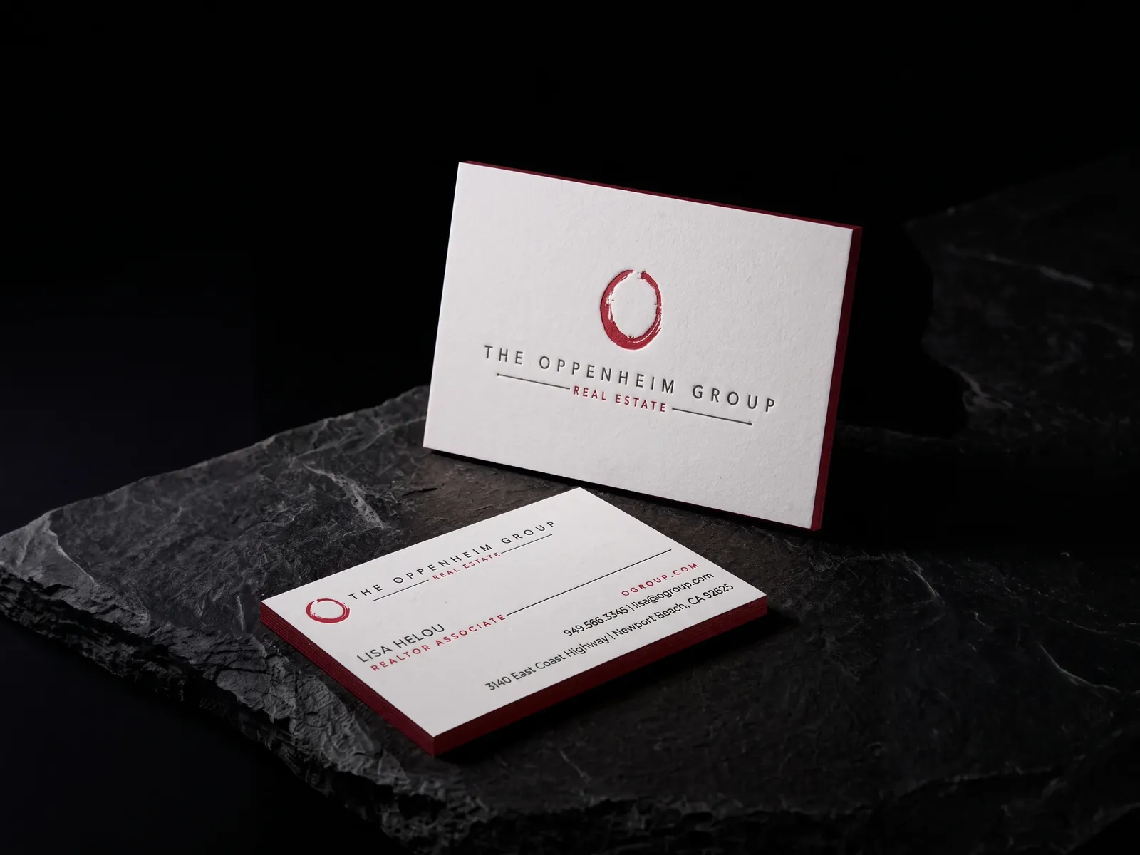 The Oppenheim Group business card: letterpress, red painted edge