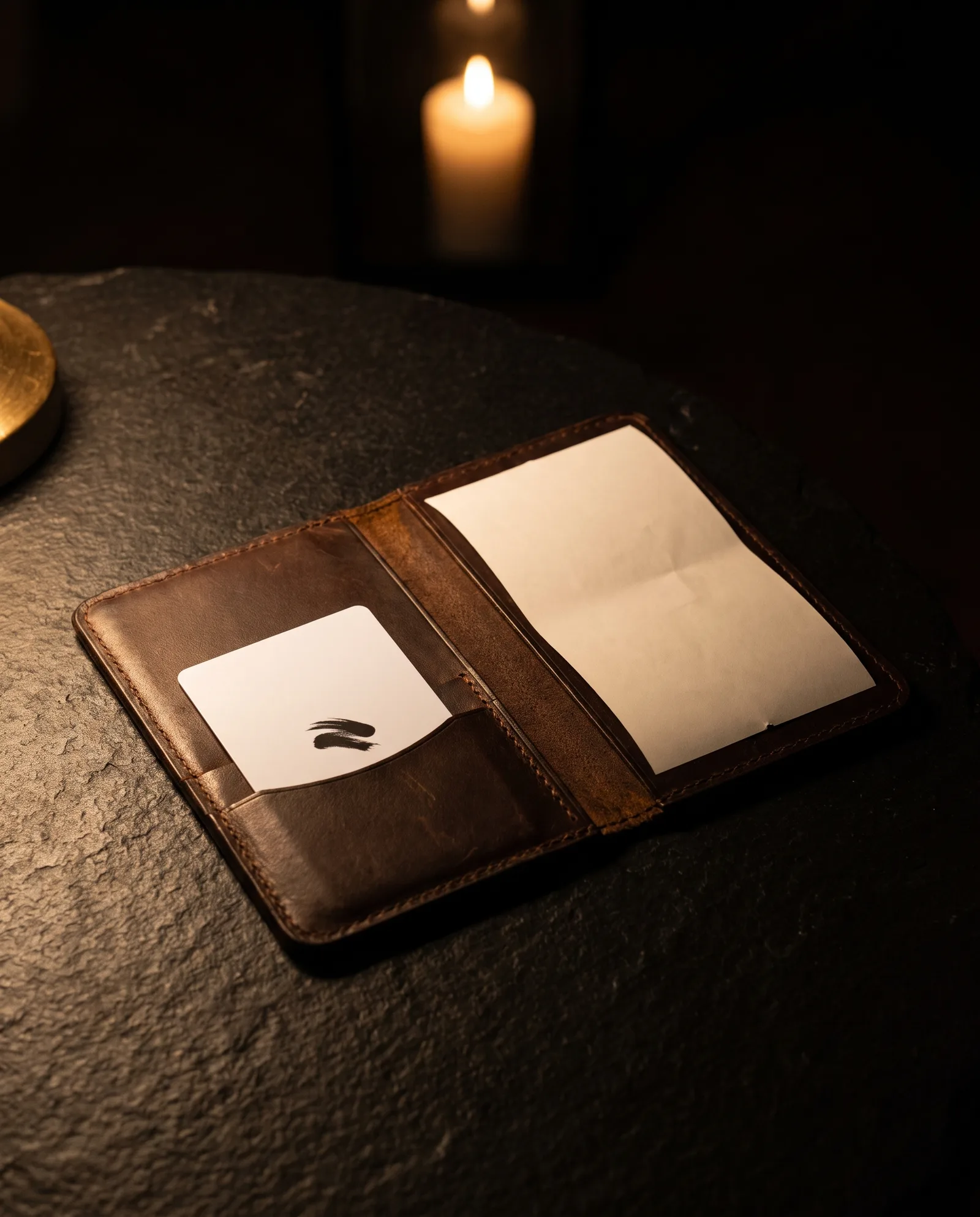 Restaurant bill folder open on a dark table with a white NFC review card tucked inside