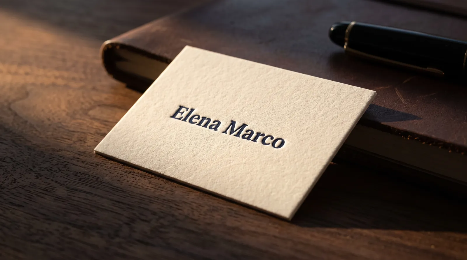 Thick cotton letterpress business card on a walnut desk in window light, the impression catching the light
