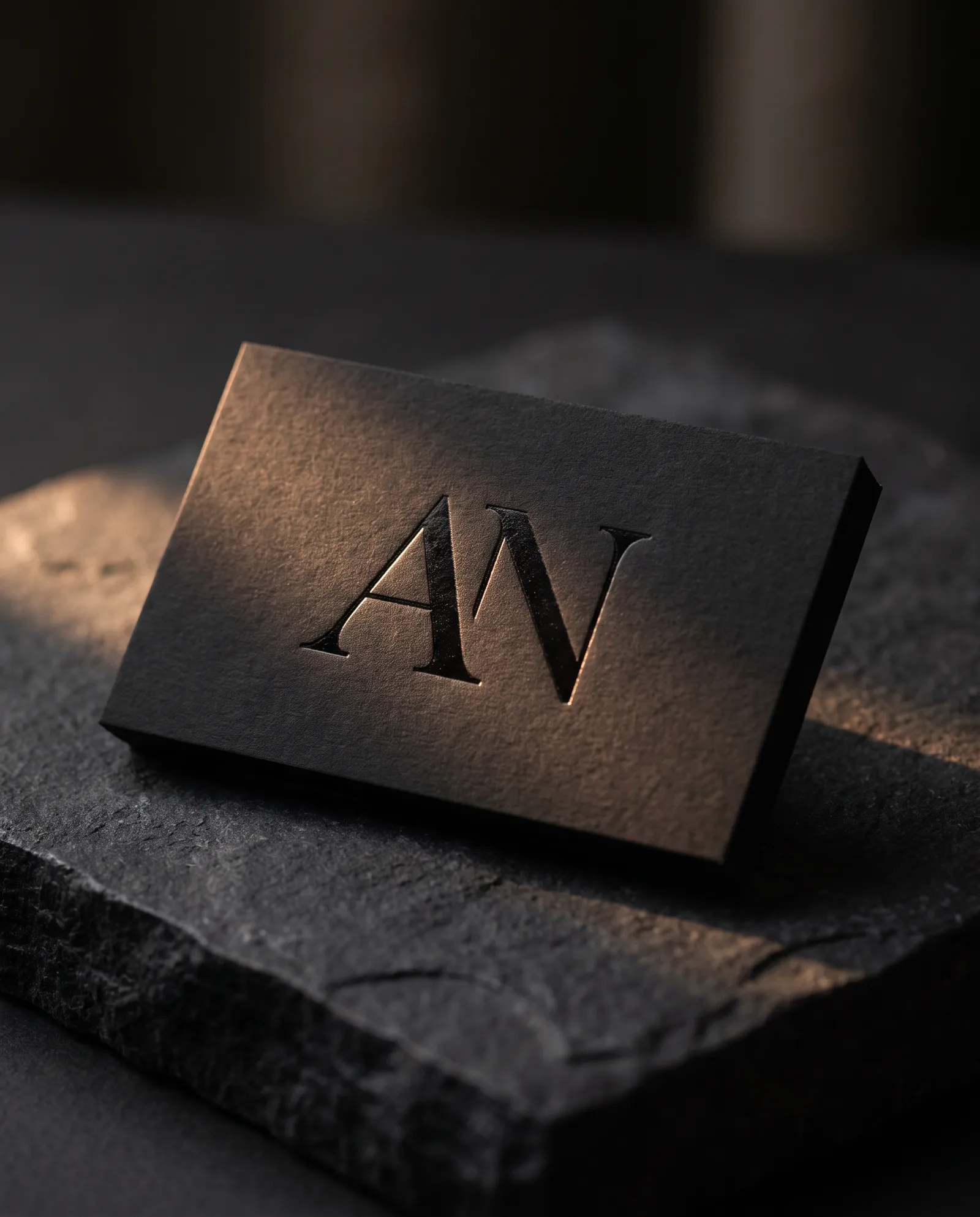 Design exploration: a black on black business card with a black foil monogram