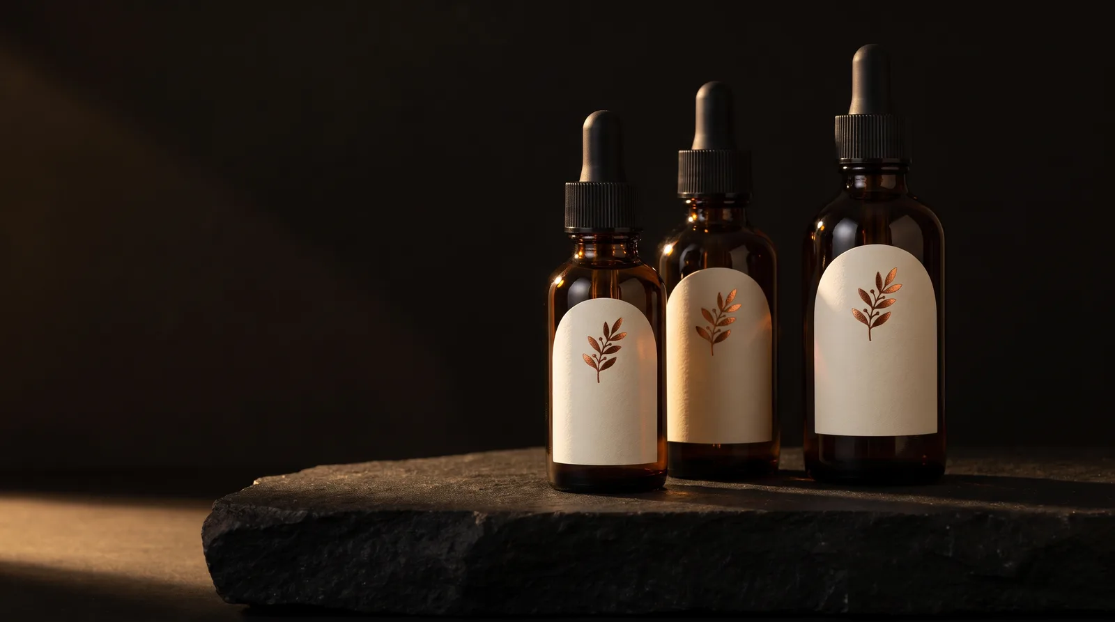 Three amber dropper bottles on dark stone, each with an arch-shaped cream label carrying a copper foil mark.