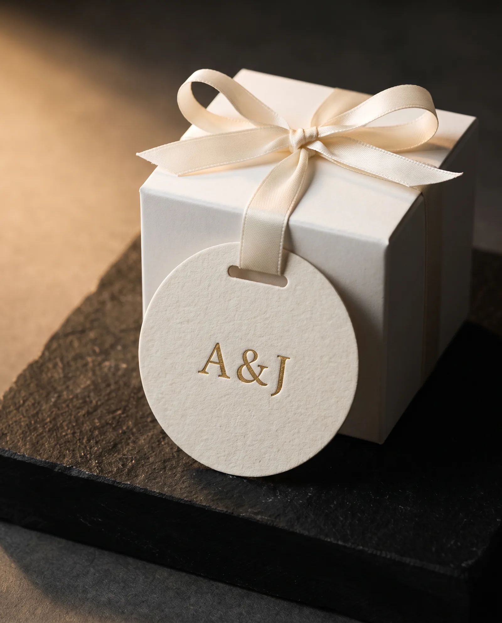 Small round ecru cotton tag with a gold foil monogram tied with thin silk ribbon to a white favor box.