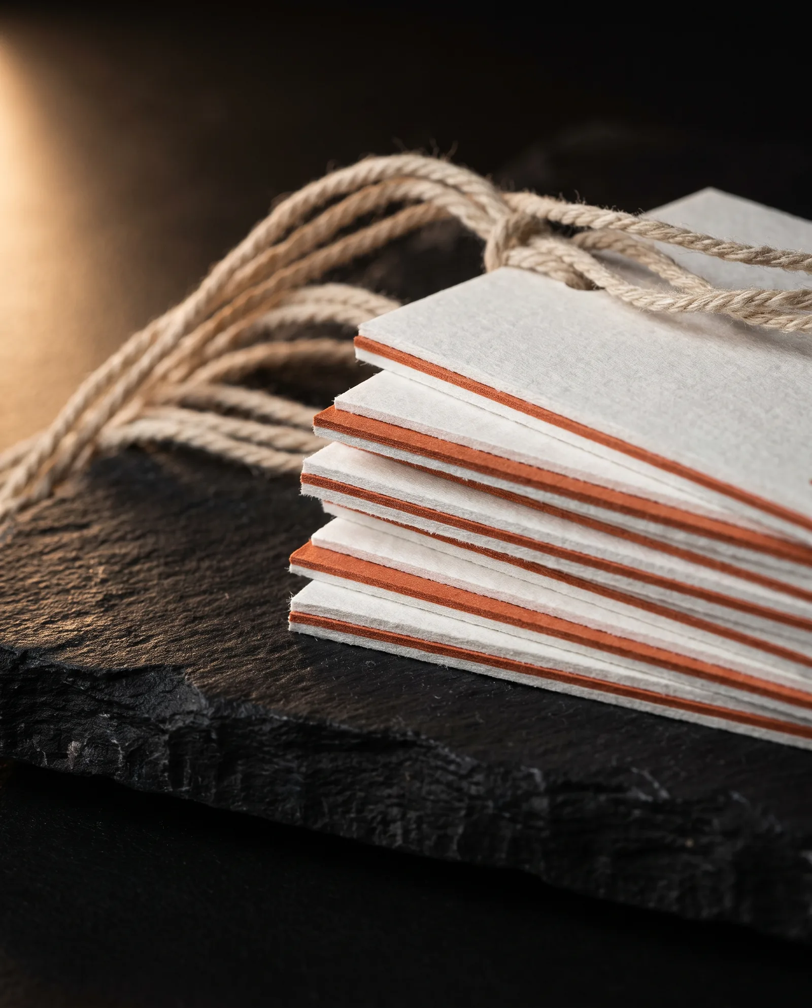 Edge of a stack of thick hang tags showing a terracotta core stripe between two white cotton sheets.