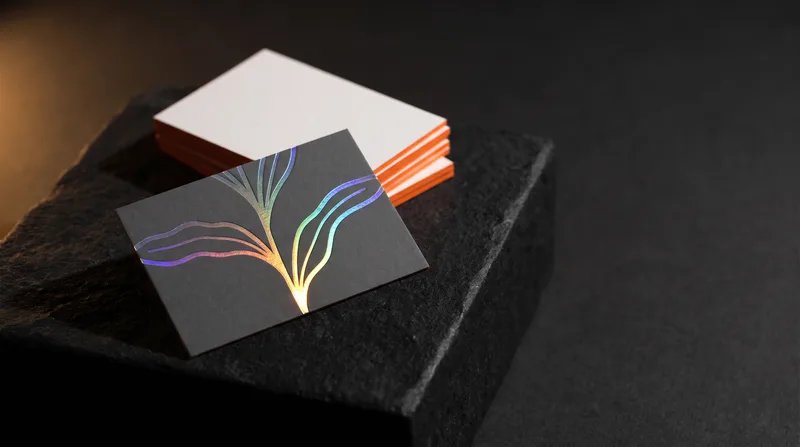 Artist business card on a black stone plinth: illustrated linework in holographic foil on black, a painted orange edge on a thick card beside it
