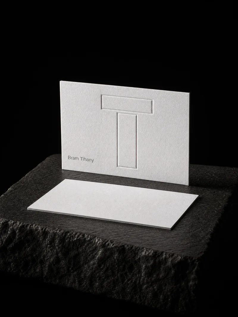 Architect business card with a multi-level blind embossed T monogram on thick white cotton
