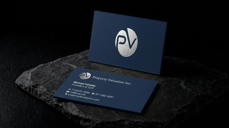 Navy business card with a single brushed silver foil monogram