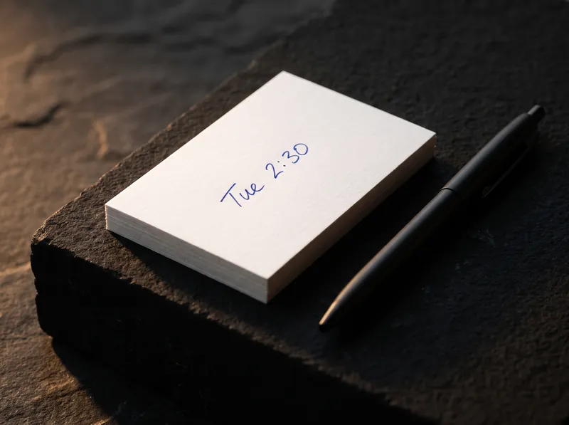 Plain white uncoated business card with blue ballpoint appointment time handwritten, pen on black stone