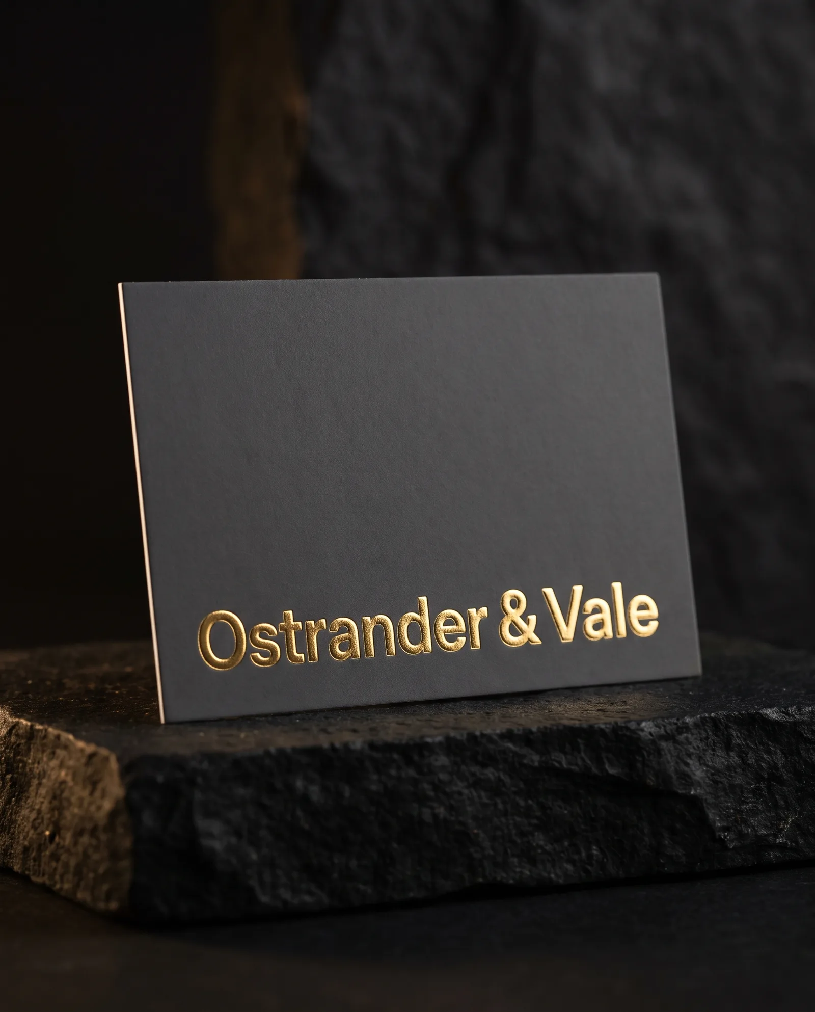 Raised gold foil wordmark on a charcoal soft touch business card on black stone