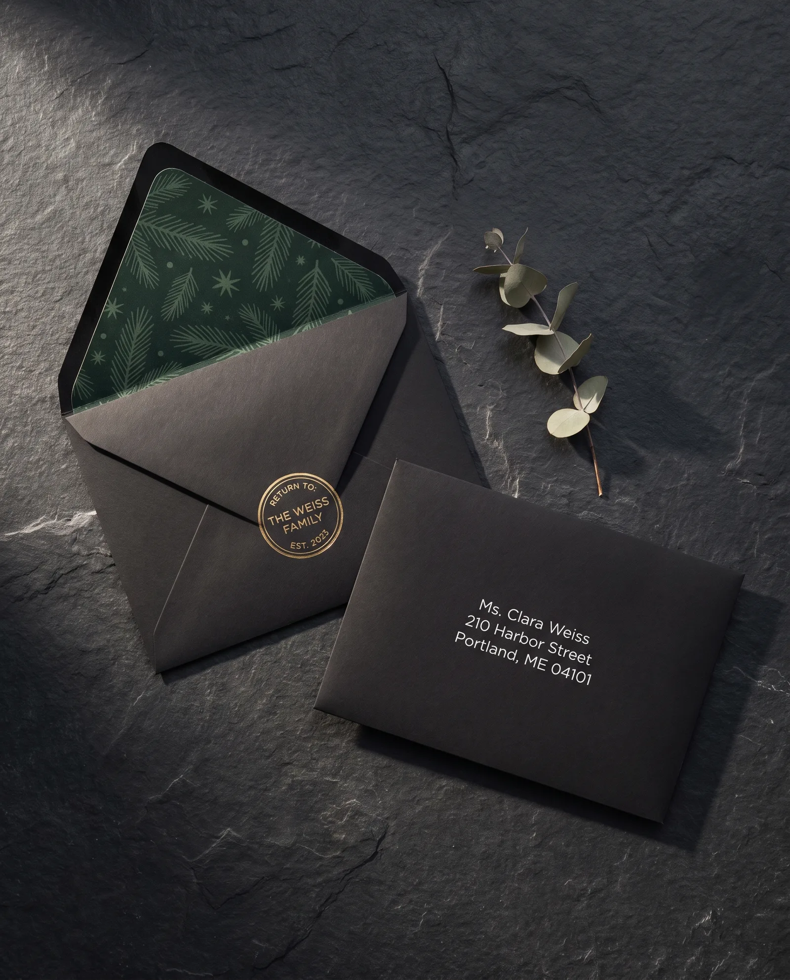 Holiday envelope set: a forest-green patterned liner, a gold foil seal with a return address, and an envelope addressed to a fictional recipient.