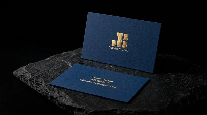 Designer business card with a gold foil block monogram on navy, portrait front