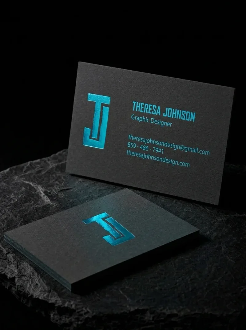 Black business card with a blue iridescent foil monogram and type