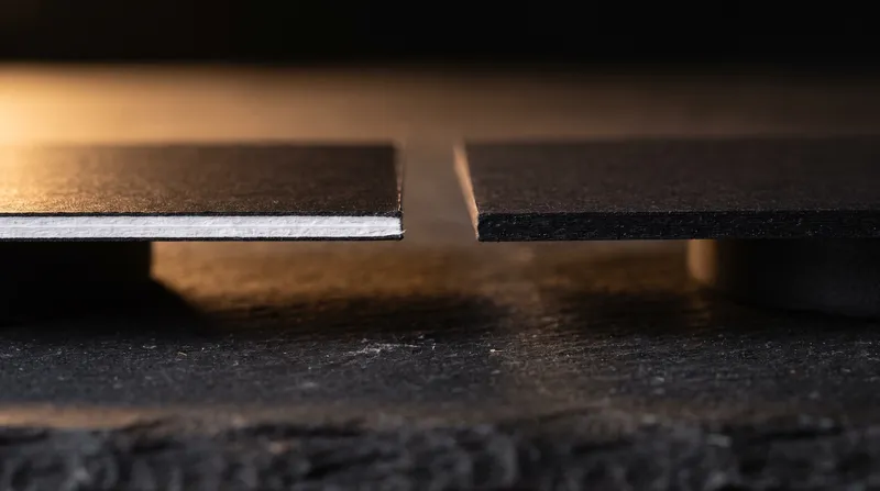 Two thick black business cards edge-on: one shows a white paper core at the edge, the other a solid black edge