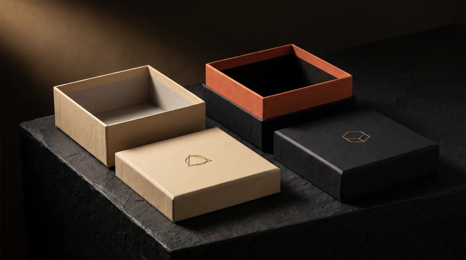 Sand two-piece rigid box beside black shoulder-neck box with terracotta collar on black plinth