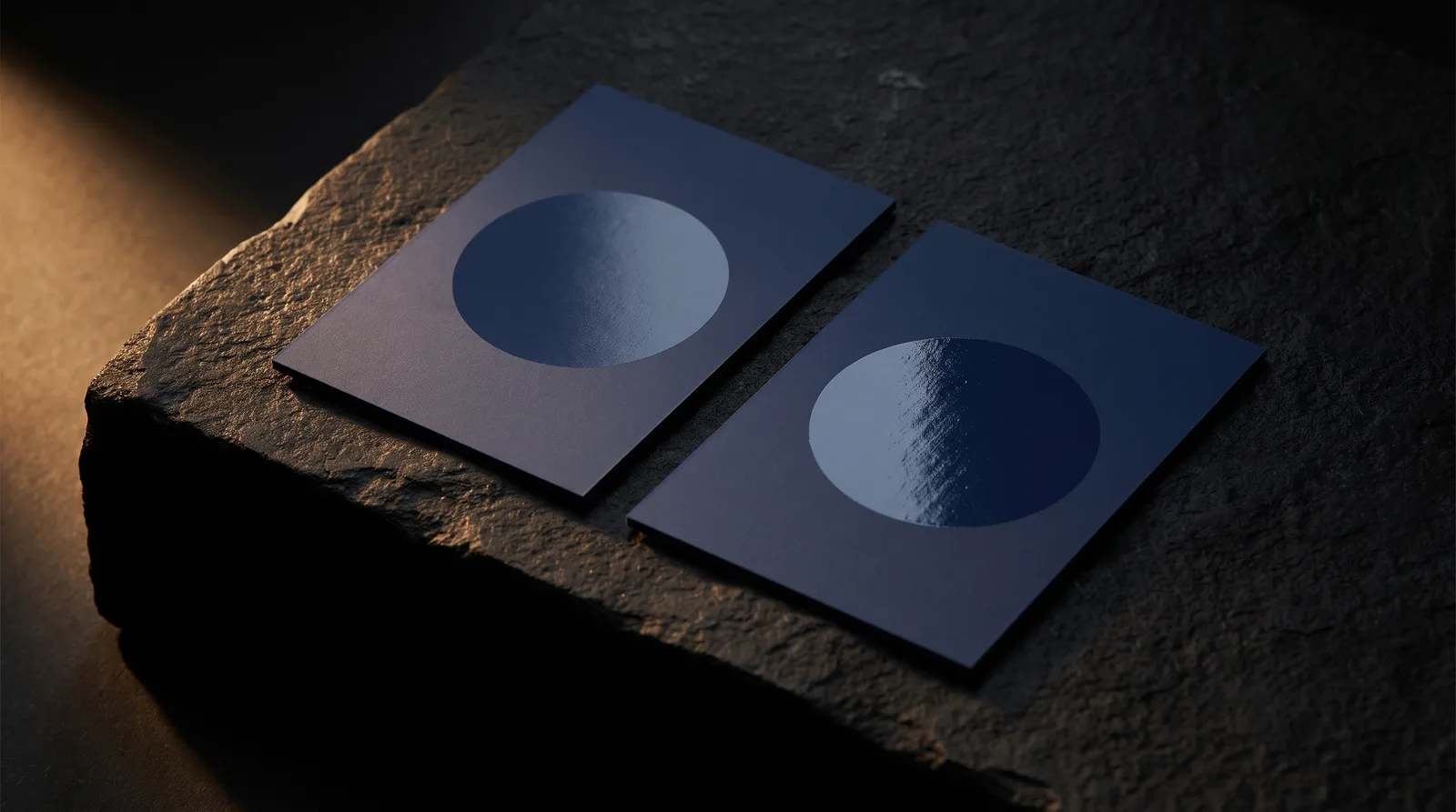 Spot varnish satin sheen versus spot UV high gloss circles on matte navy business cards