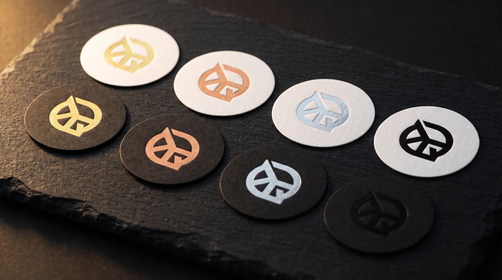 Eight round stickers in two rows: gold, copper, silver and black foil on white uncoated paper above, and the same four foils on black paper below, where the black foil shows only as a faint sheen.