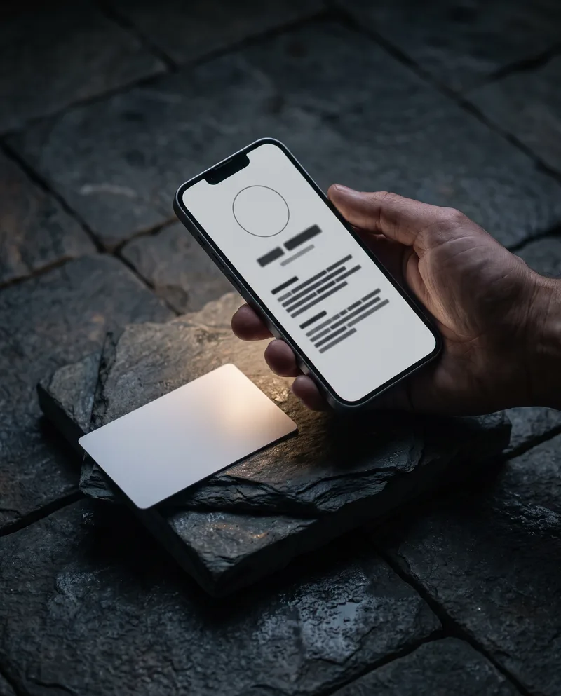 Phone tapping a white plastic NFC business card
