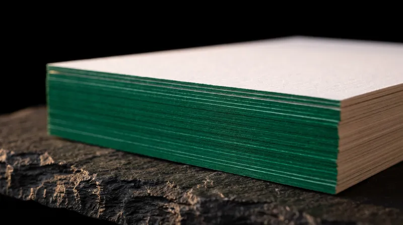A stack of 32 pt cotton business cards with an emerald painted edge