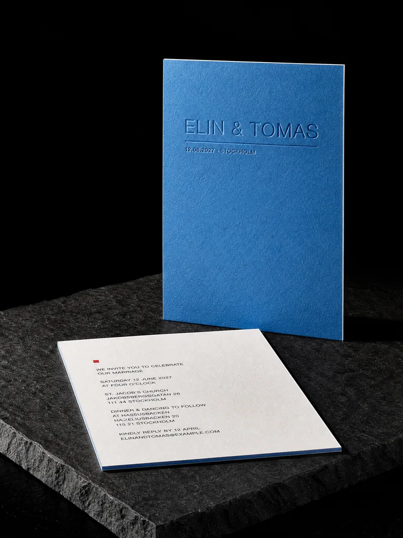 Blue Adriatic card duplexed to China White with a blind letterpress impression