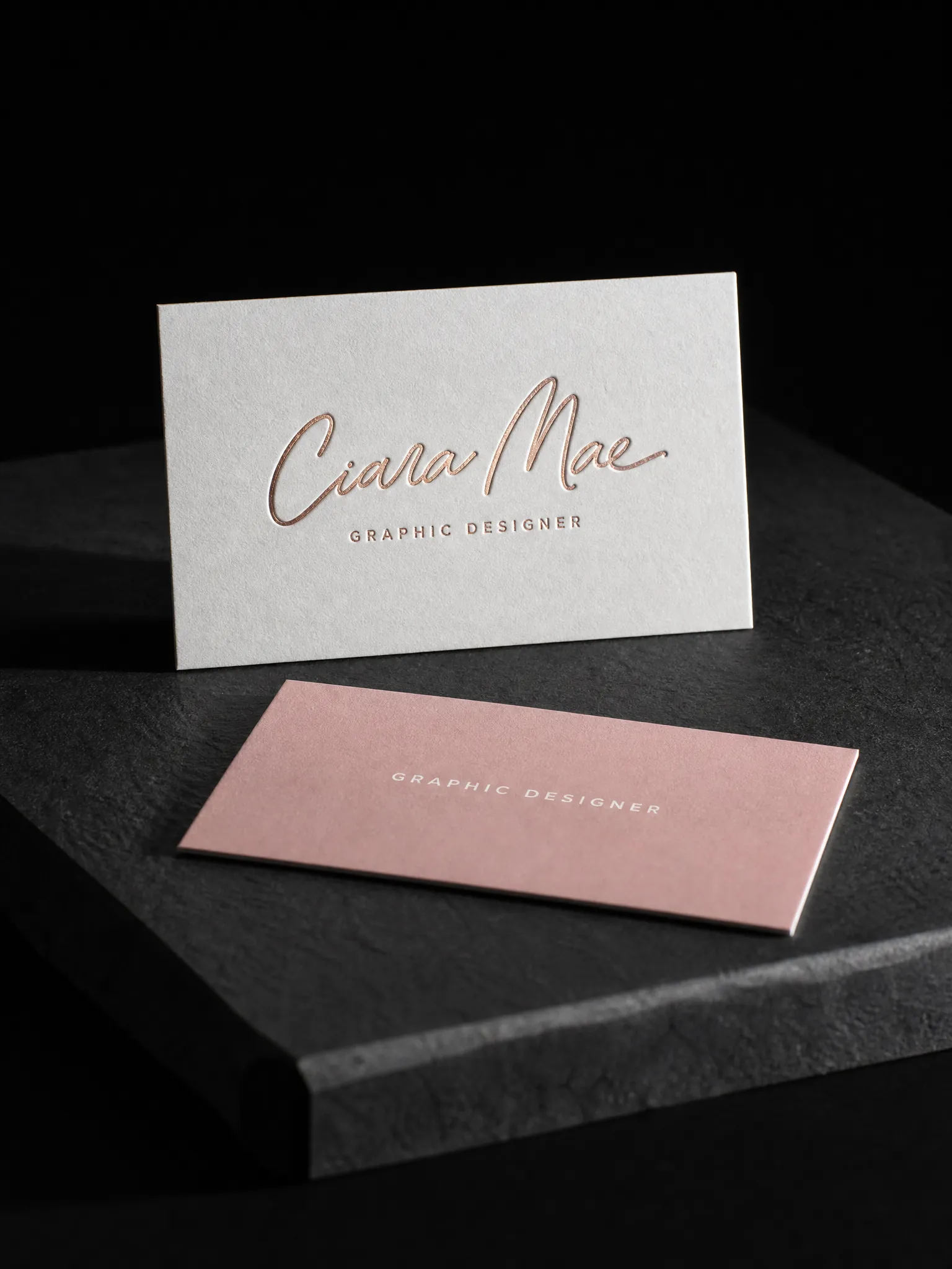 Ciara Mae business card: script signature debossed and foiled in rose gold on 32pt white cotton