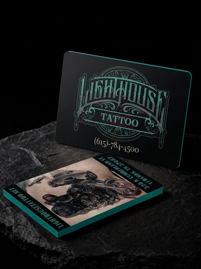 Tattoo studio appointment card with a photo of a finished tattoo, rounded corners and a coloured painted edge