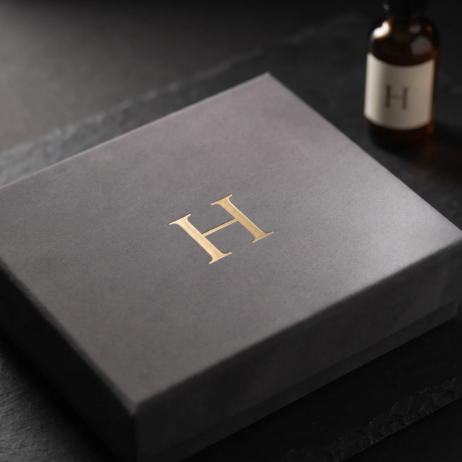 Grey soft-touch laminated box lid with a gold foil monogram