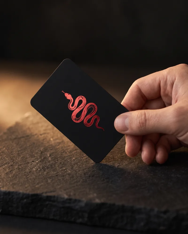 Hand holding matte black soft-touch business card with red foil serpent illustration and rounded corners