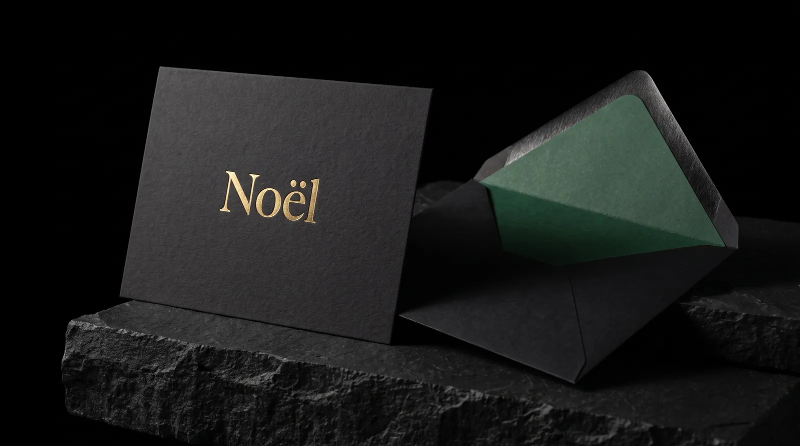 5x7 holiday card on black stock with the word Noël in matte gold hot foil, propped on a black stone plinth beside a black envelope with a forest-green liner.