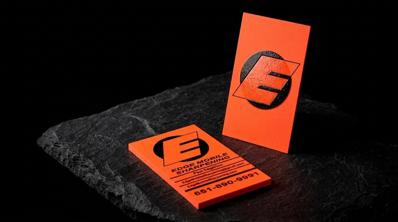 Funky fluorescent orange portrait business card with a black roundel in raised gloss