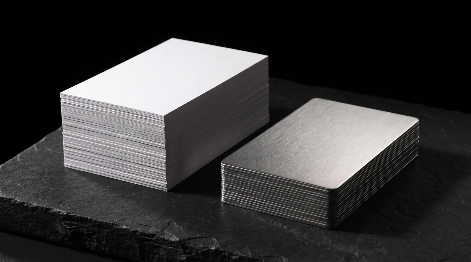 A tall stack of white paper business cards beside a short, dense stack of brushed steel cards