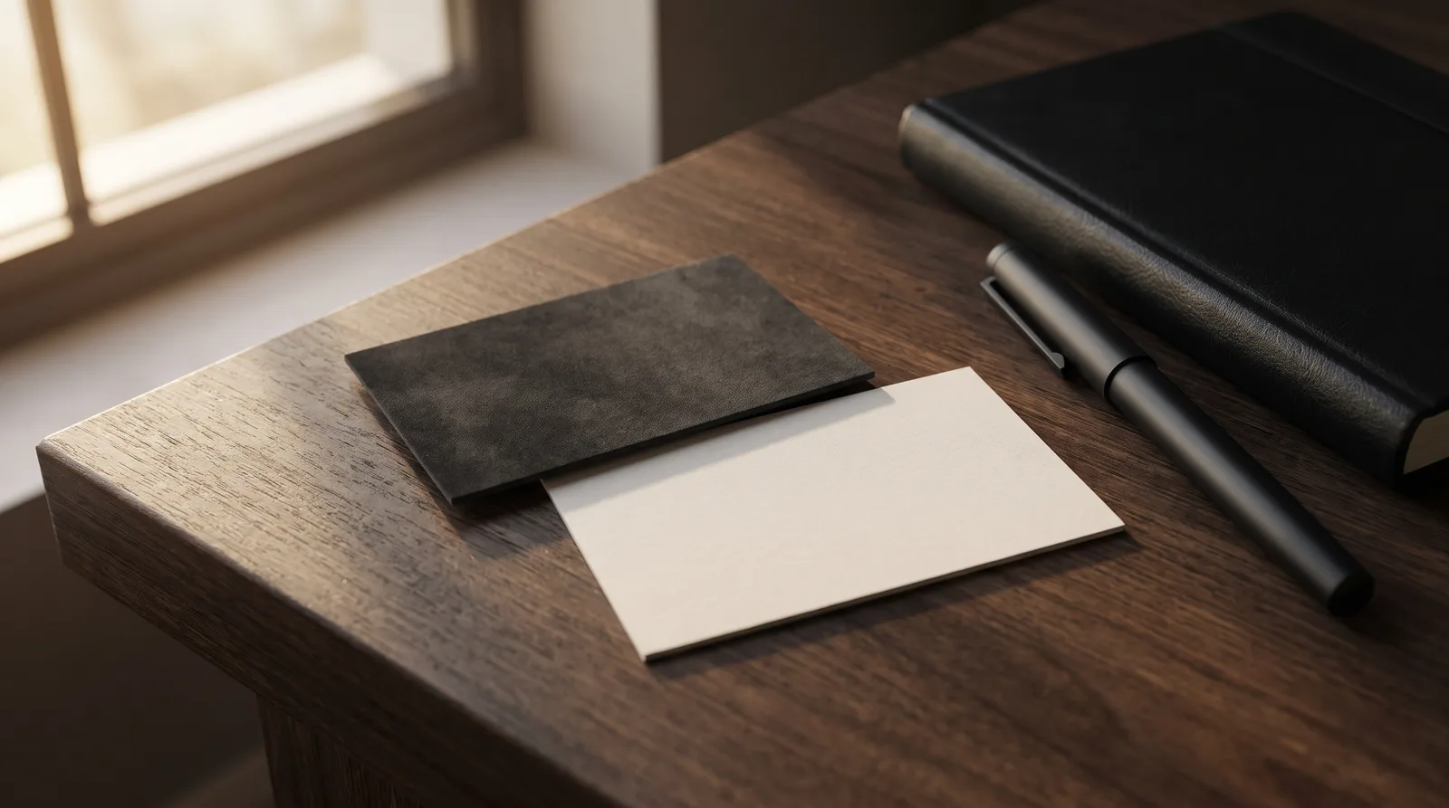 Charcoal soft-touch and off-white matte business cards on a walnut desk with notebook and pen