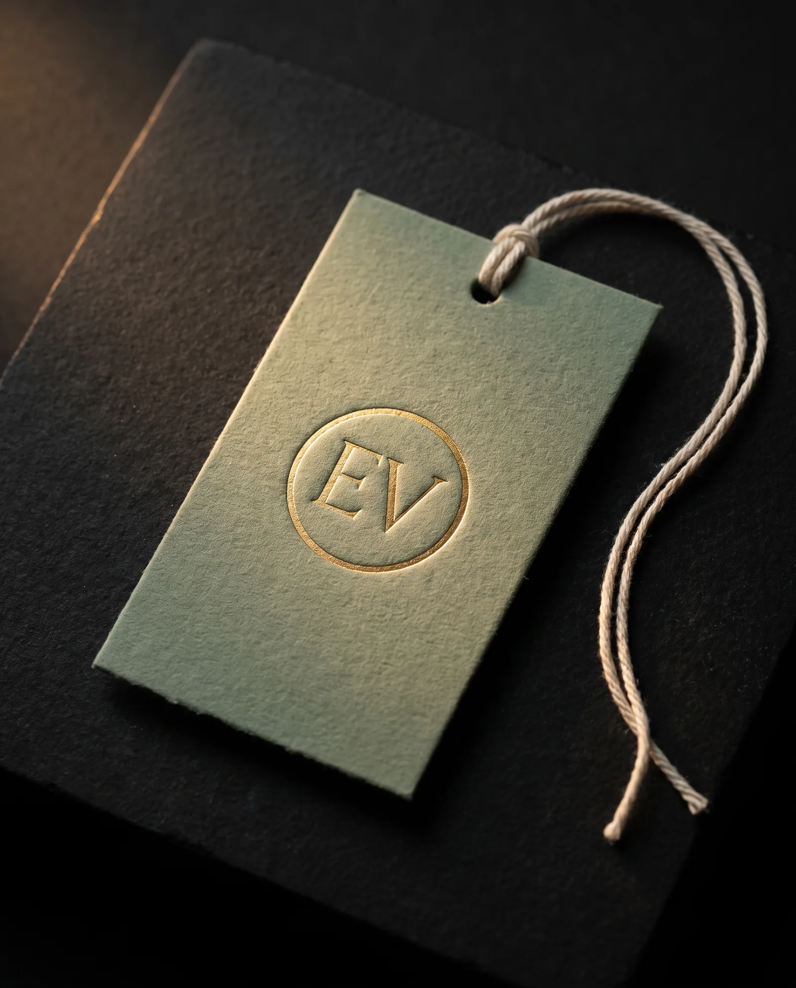 Sage cotton gift tag with a gold foil mark and natural cotton string, on dark stone.