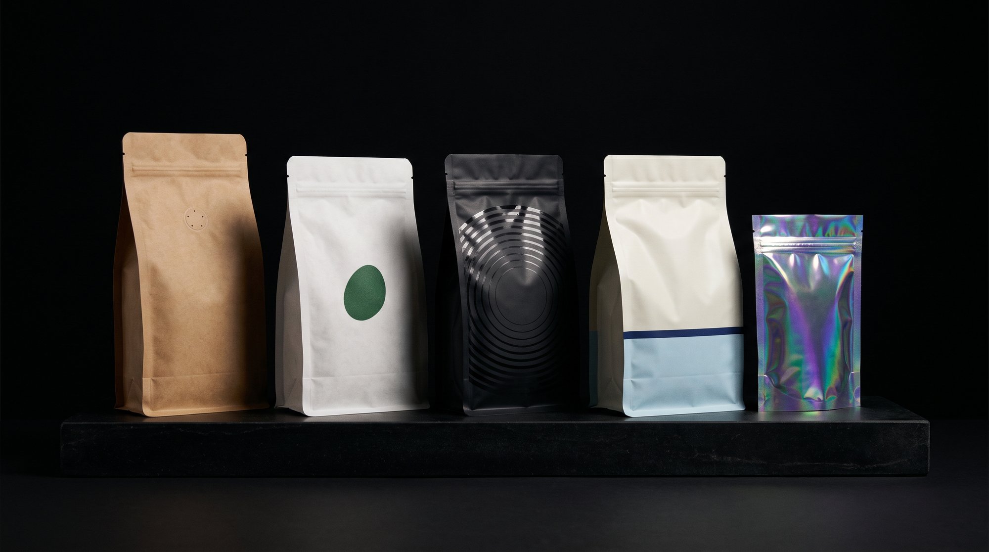 Five stand-up pouches: kraft, white kraft, matte black, satin polyethylene and iridescent film.