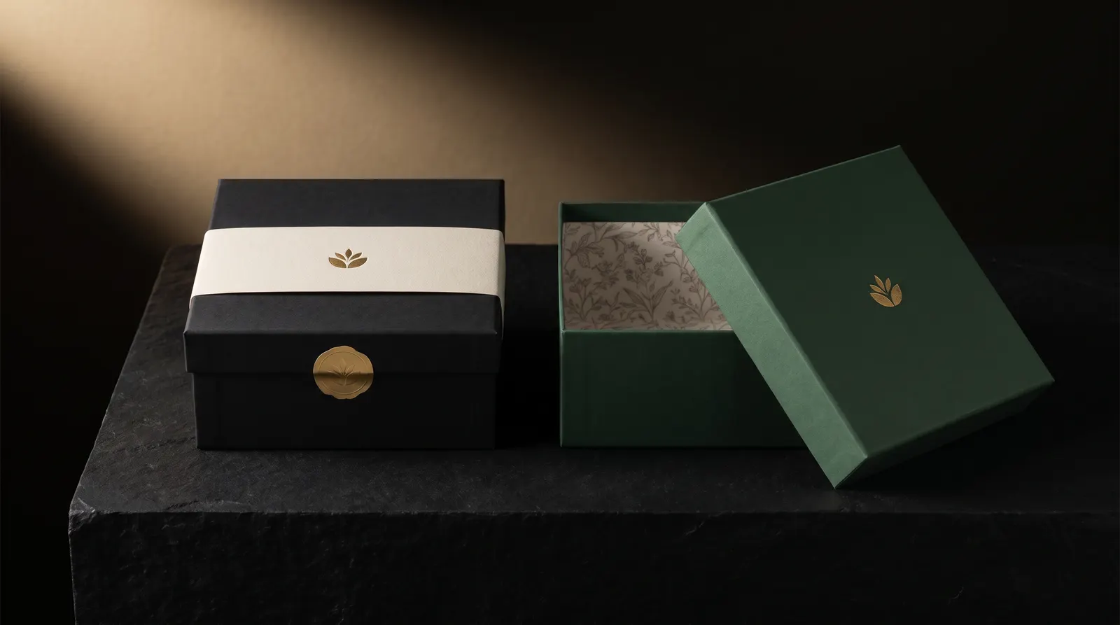 Black stock box with gold foil belly band beside green custom rigid box with printed interior