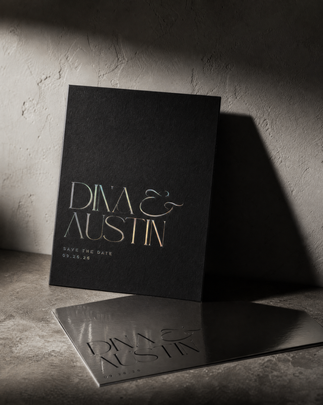 Save-the-dates · holo foil — Holographic foil on smooth cover