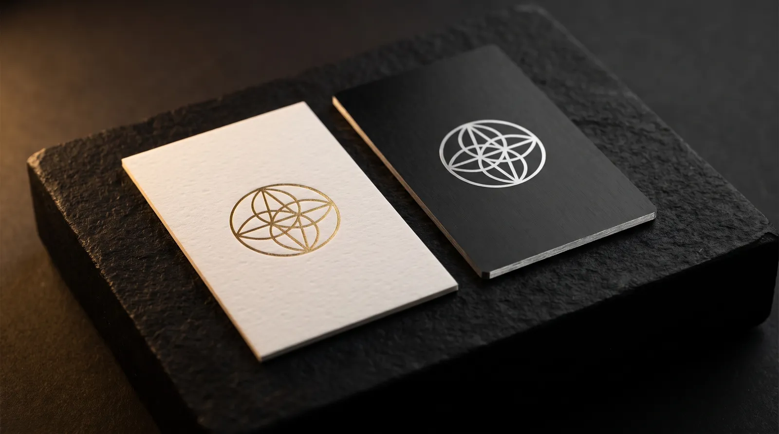 A white paper business card with a gold foil logo beside a black stainless steel card with the same logo engraved to bright steel