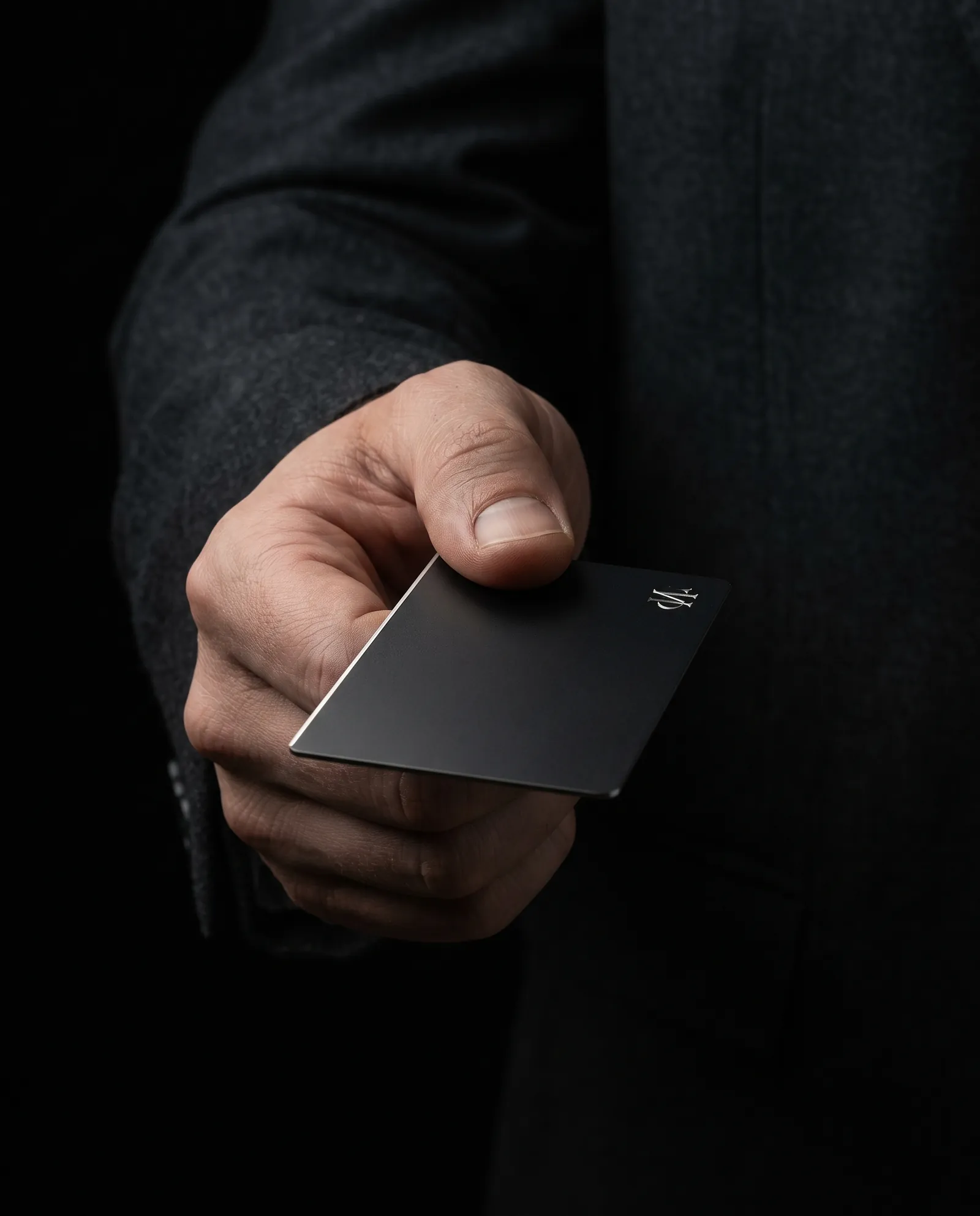 Hand in a charcoal suit sleeve offering a matte black metal business card