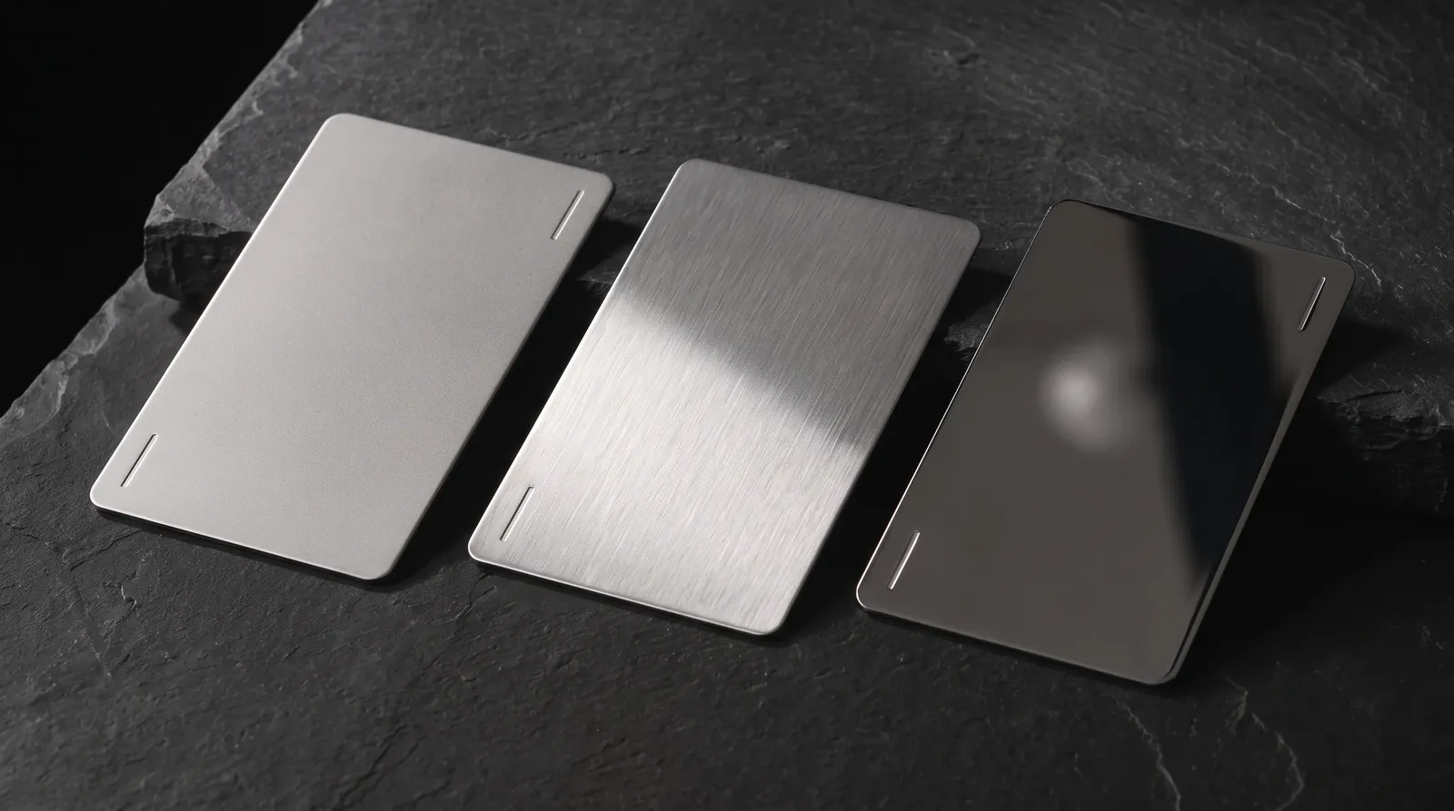 Three silver stainless steel cards side by side in matte, brushed and mirror finishes