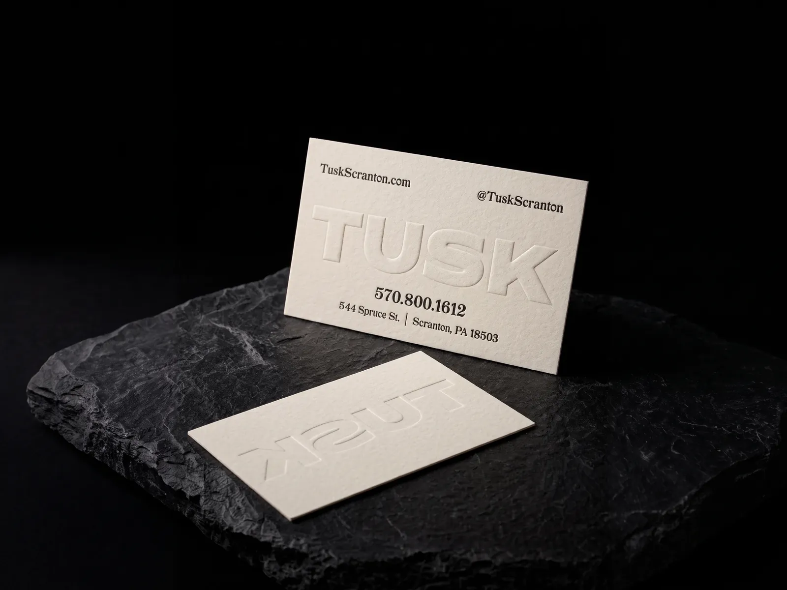 TUSK business card: blind emboss and black letterpress on cotton